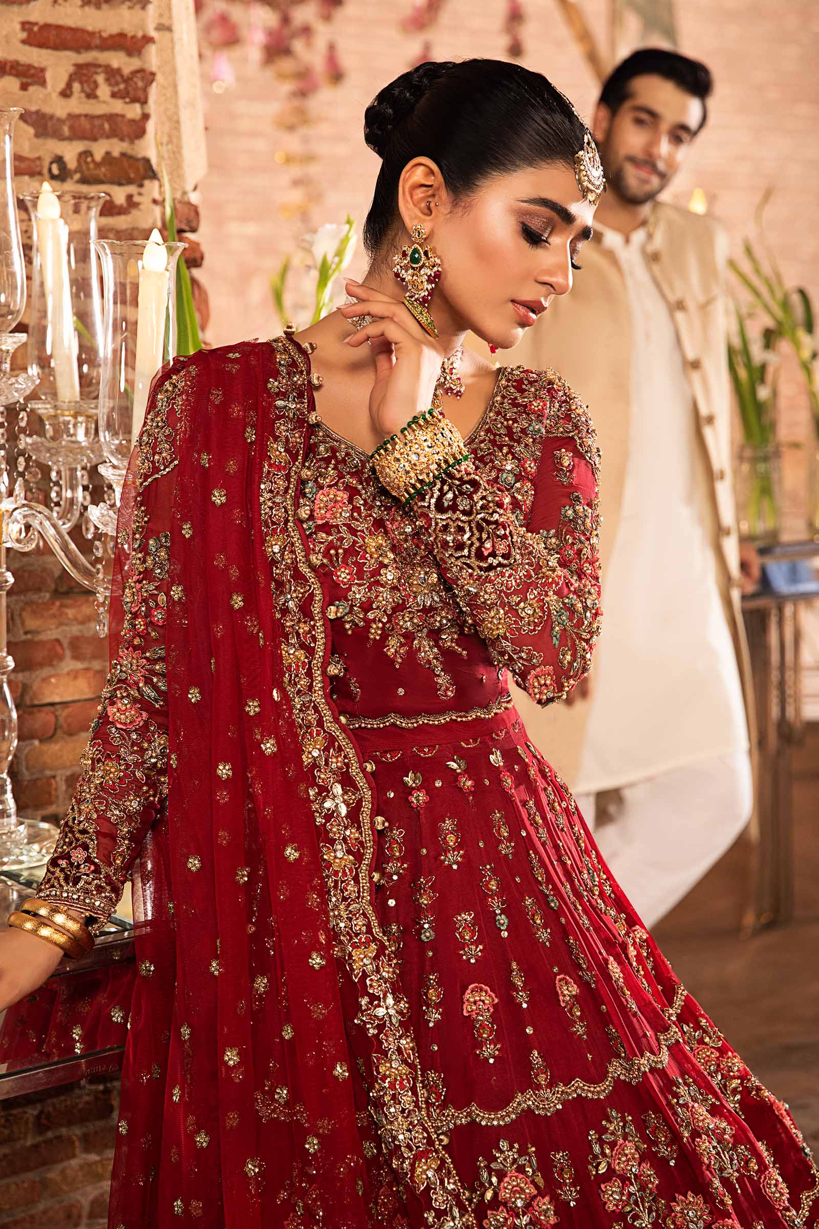 Deep Red Embroidered Organza & Net Bridal Lehenga Choli (3-Piece) - Image 3