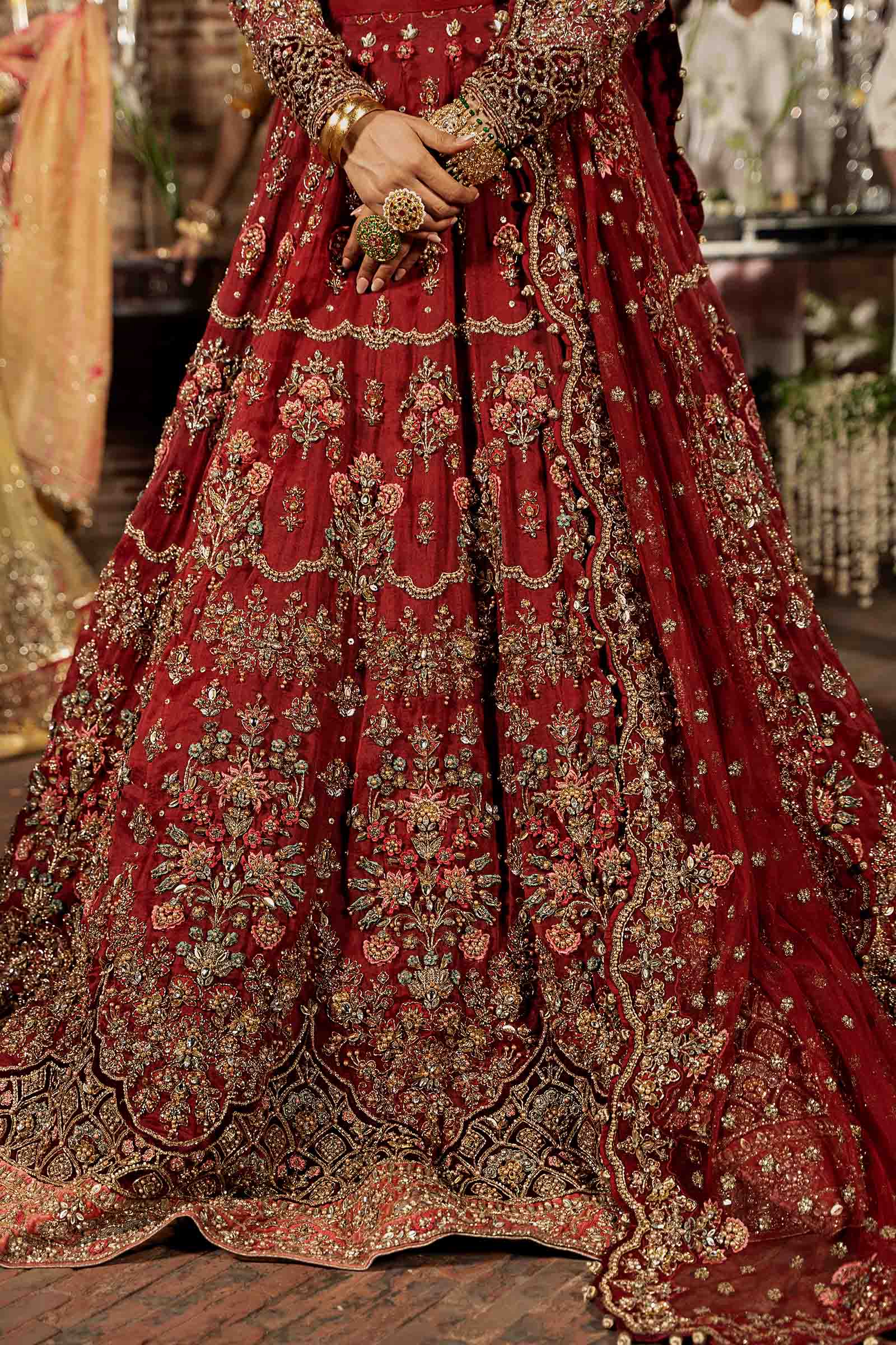 Deep Red Embroidered Organza & Net Bridal Lehenga Choli (3-Piece) - Image 5