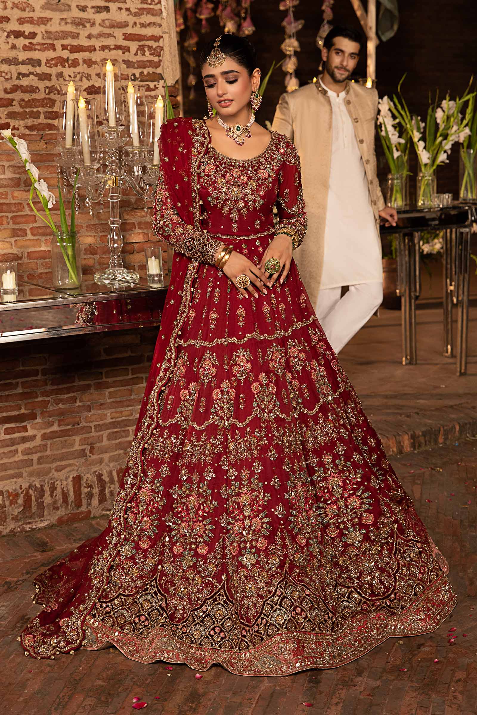 Deep Red Embroidered Organza & Net Bridal Lehenga Choli (3-Piece) - Image 6