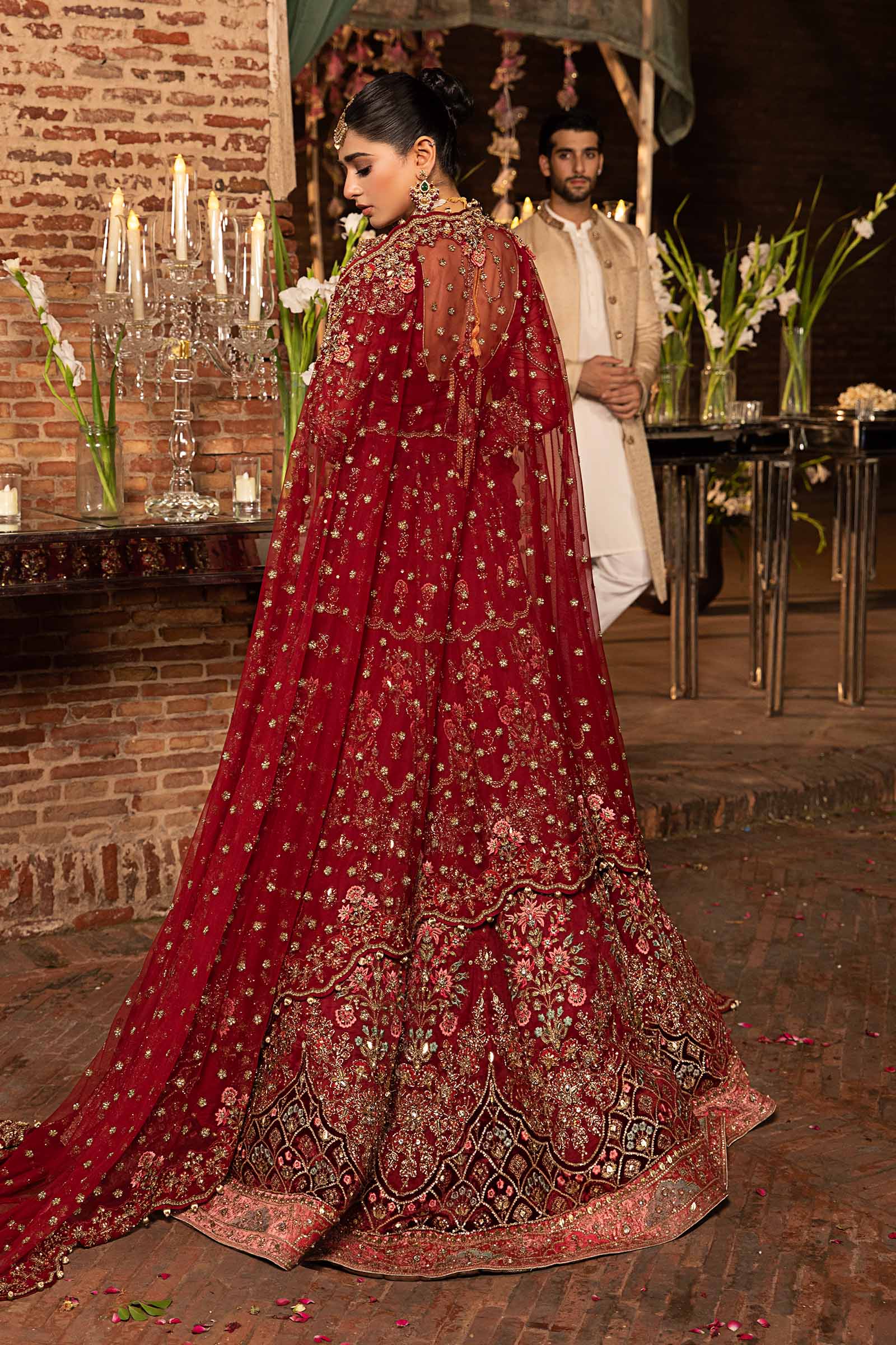 Deep Red Embroidered Organza & Net Bridal Lehenga Choli (3-Piece) - Image 7
