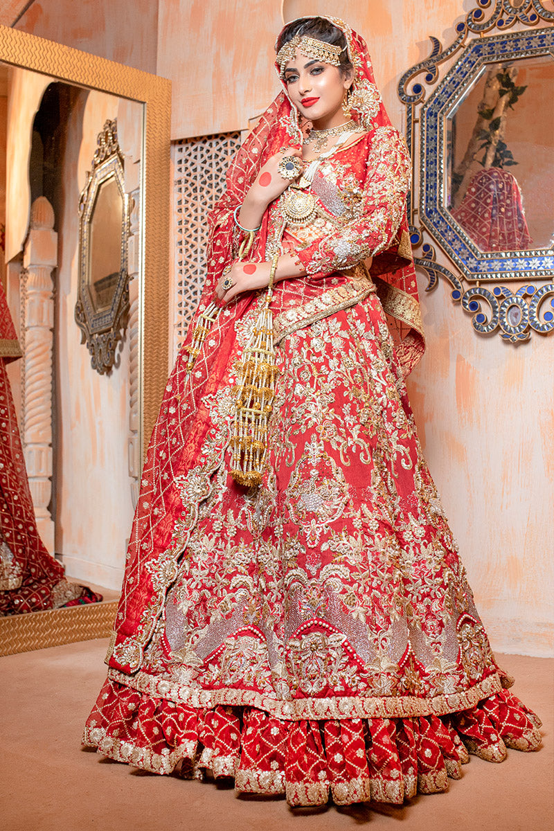 Red Embroidered Organza Bridal Lehnga Choli (3-Piece) - Image 1