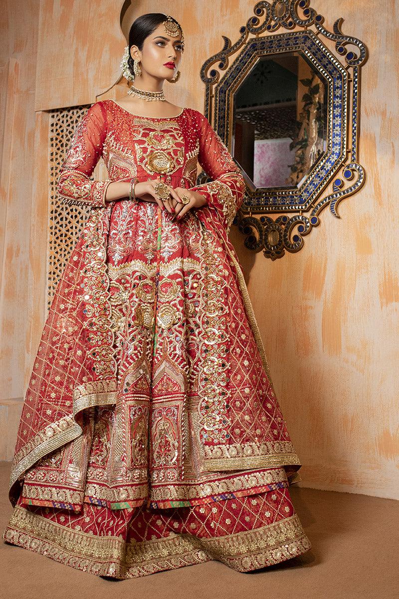Pakistani Red Embroidered Organza Bridal Gown (3-Piece) - Image 1