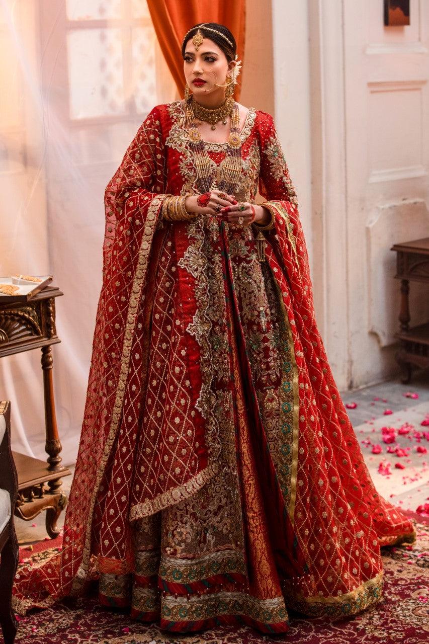 Pakistani Red Embroidered Organza Bridal Lehenga (3-Piece) - Image 2