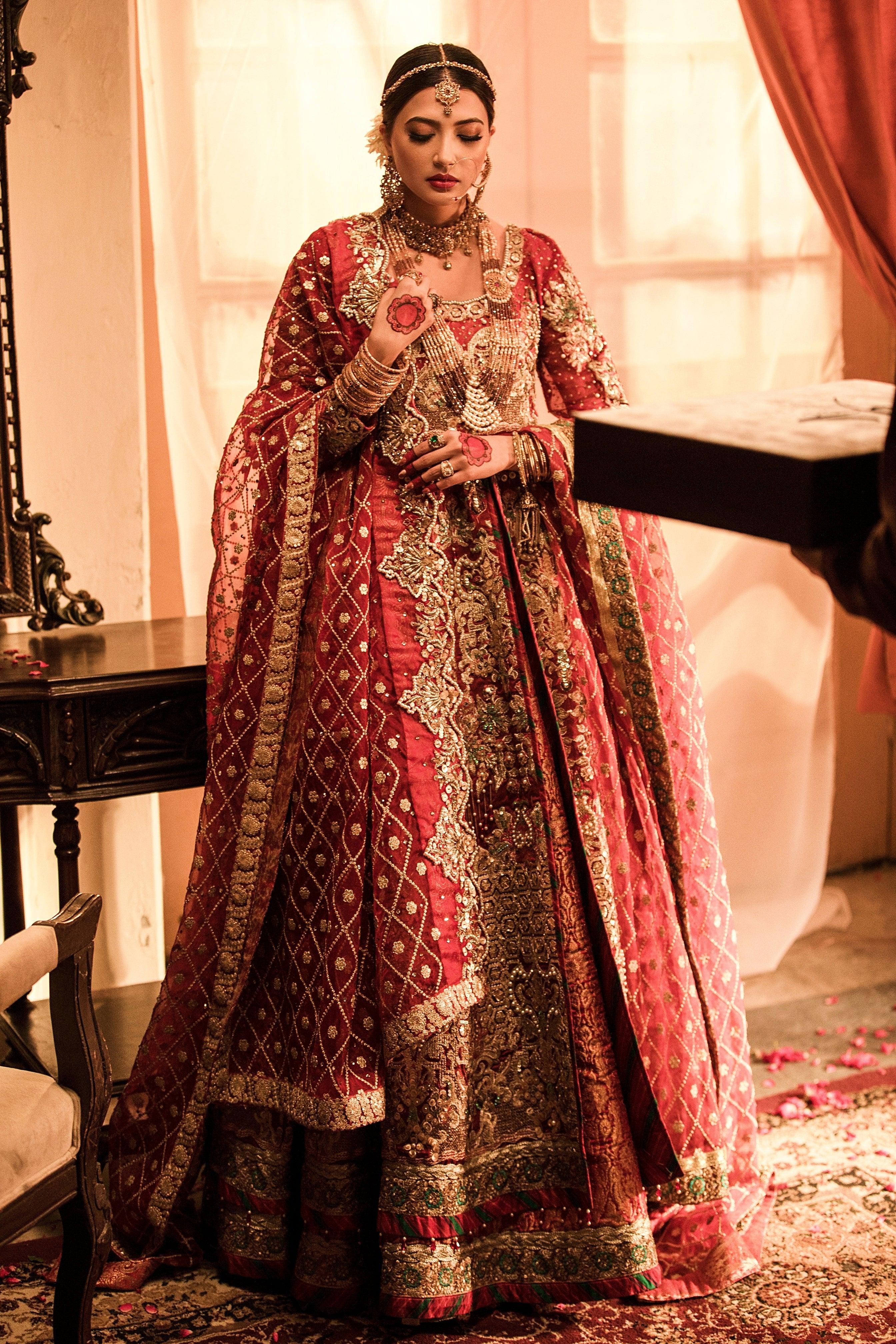 Pakistani Red Embroidered Organza Bridal Lehenga (3-Piece) - Image 3