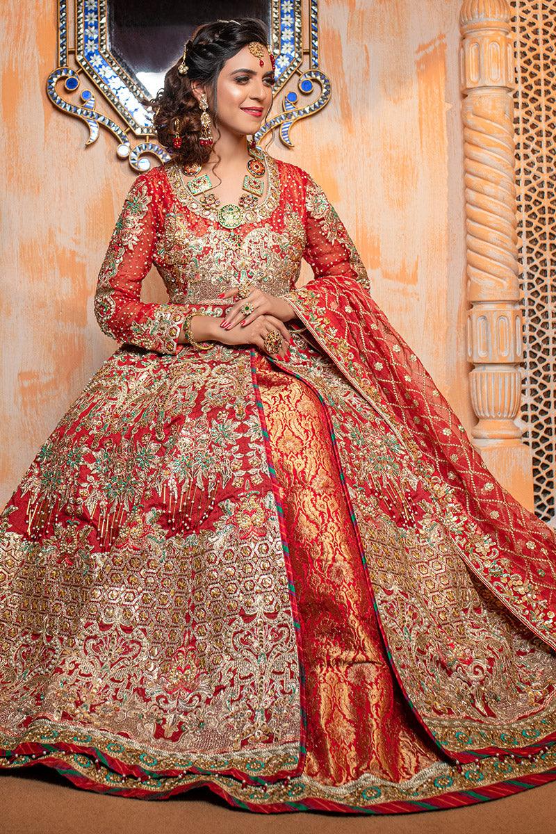 Pakistani Red Embroidered Organza Bridal Lehenga (3-Piece) - Image 4