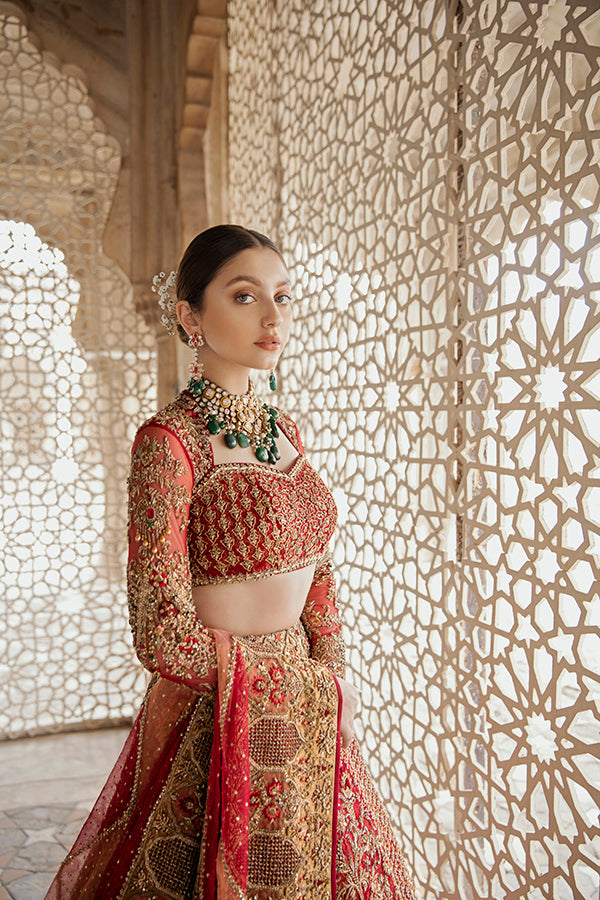 Red Embroidered Net & Organza Bridal Lehenga (3-Piece) - Image 2