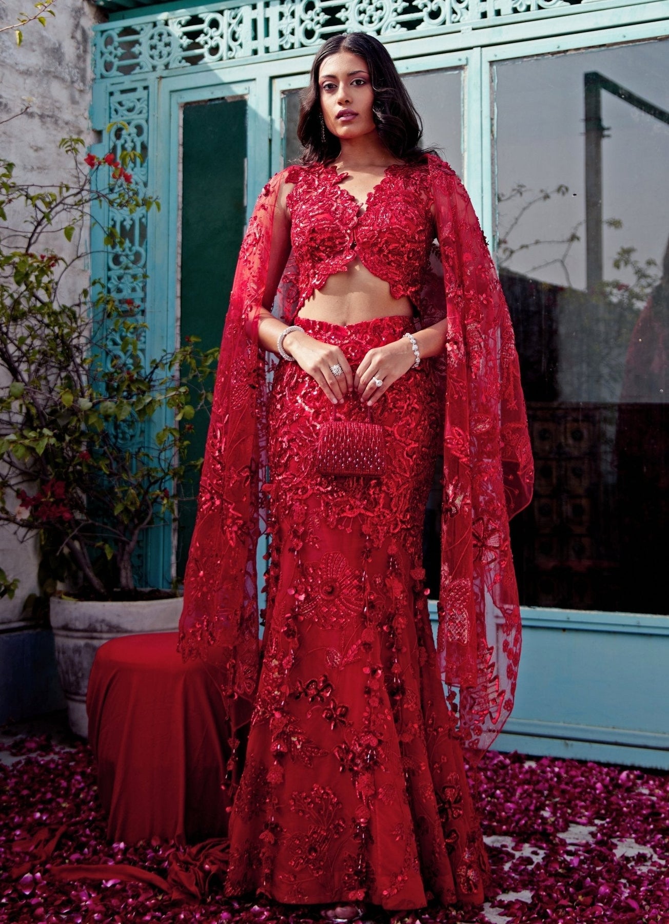 Pakistani Deep Red Embroidered Organza Mermaid Bridal Lehenga (3-Piece) - Image 10