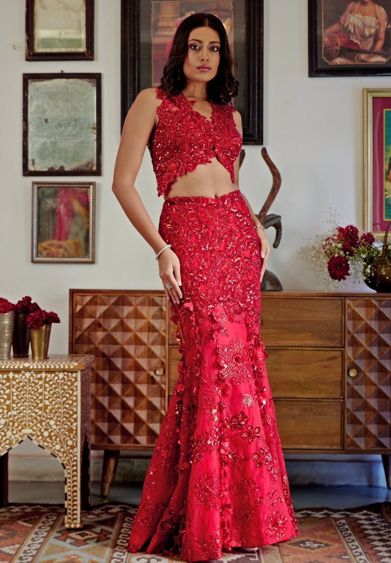 Pakistani Deep Red Embroidered Organza Mermaid Bridal Lehenga (3-Piece) - Image 11