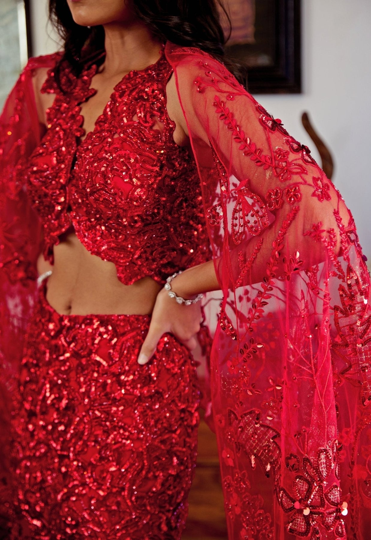 Pakistani Deep Red Embroidered Organza Mermaid Bridal Lehenga (3-Piece) - Image 6