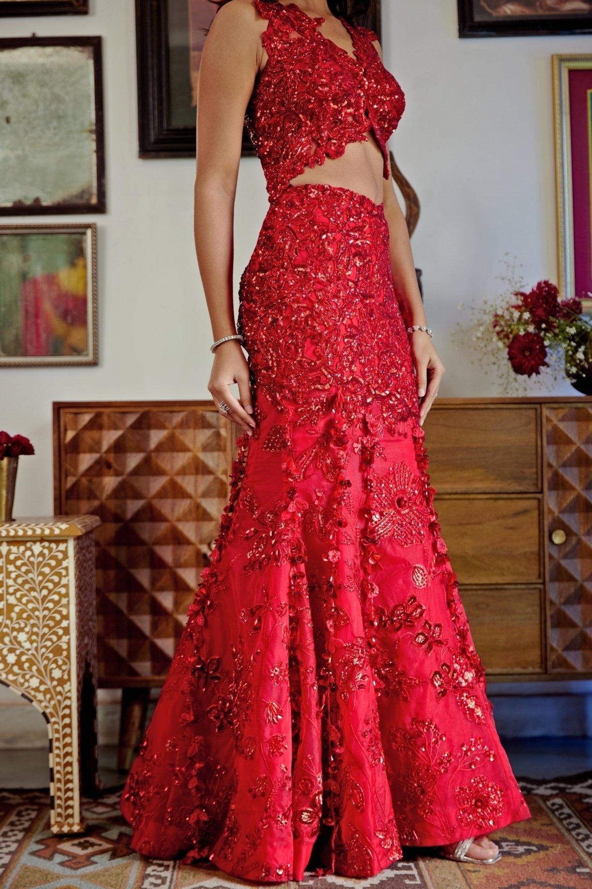 Pakistani Deep Red Embroidered Organza Mermaid Bridal Lehenga (3-Piece) - Image 7