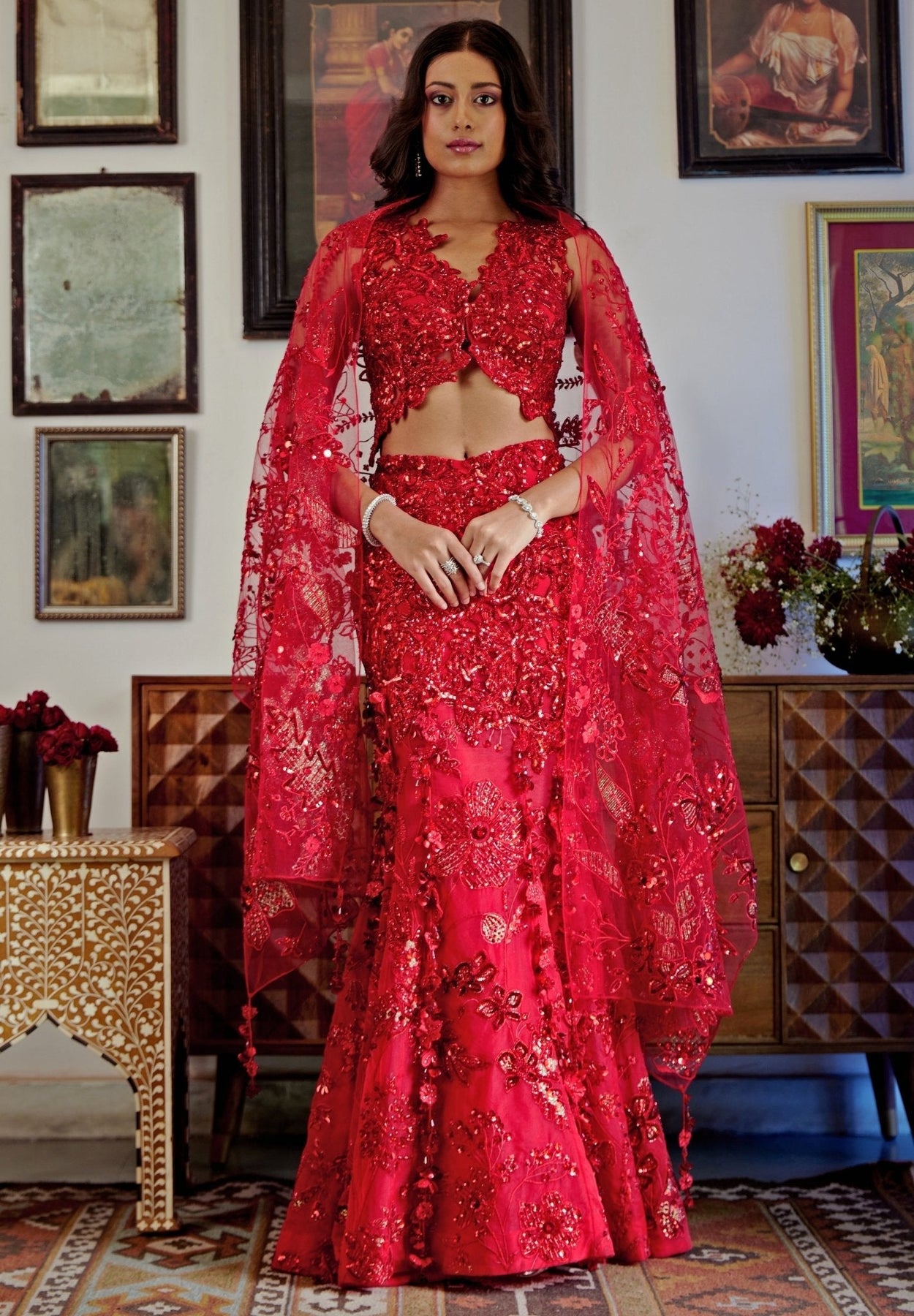 Pakistani Deep Red Embroidered Organza Mermaid Bridal Lehenga (3-Piece) - Image 8
