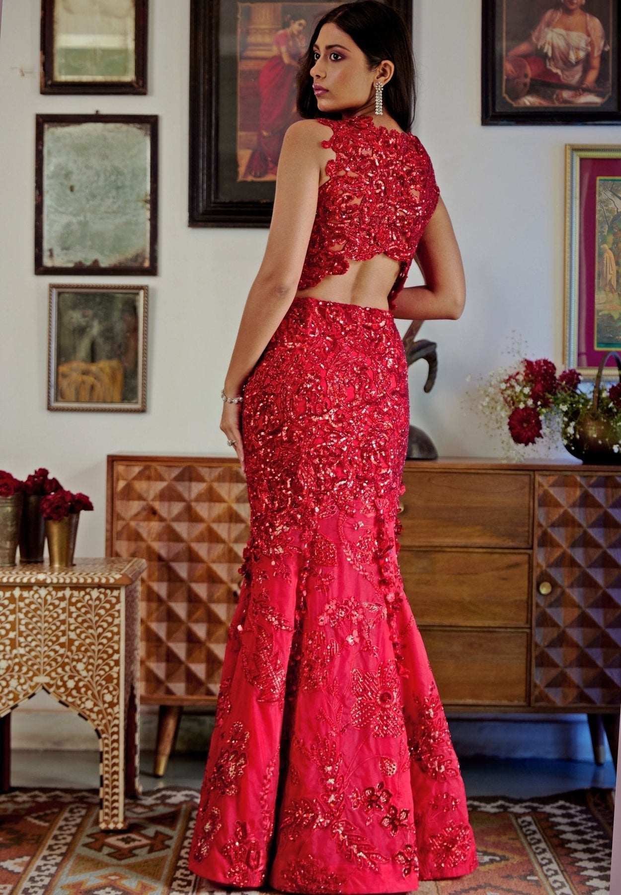 Pakistani Deep Red Embroidered Organza Mermaid Bridal Lehenga (3-Piece) - Image 9