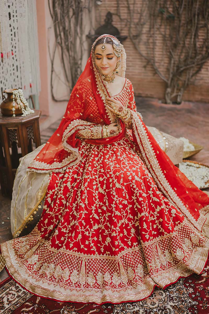 Pakistani Red Gold Embroidered Pure Organza Lehnga Choli (3-Piece) - Image 5