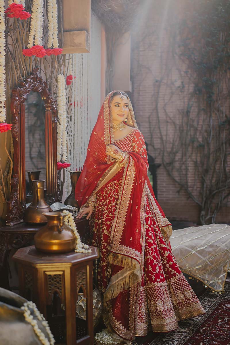 Pakistani Red Gold Embroidered Pure Organza Lehnga Choli (3-Piece) - Image 7