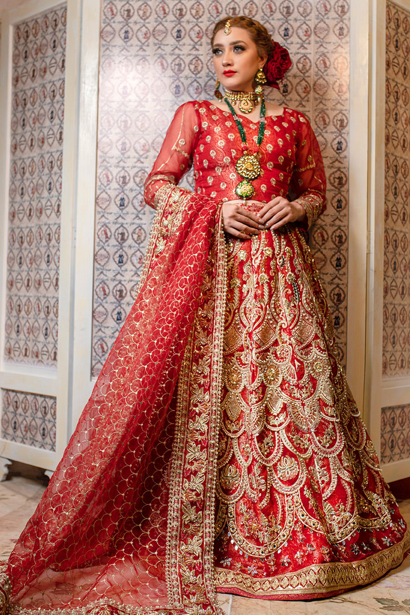 Ruby Red Embroidered Organza Bridal Lehenga (3-Piece) - Image 1
