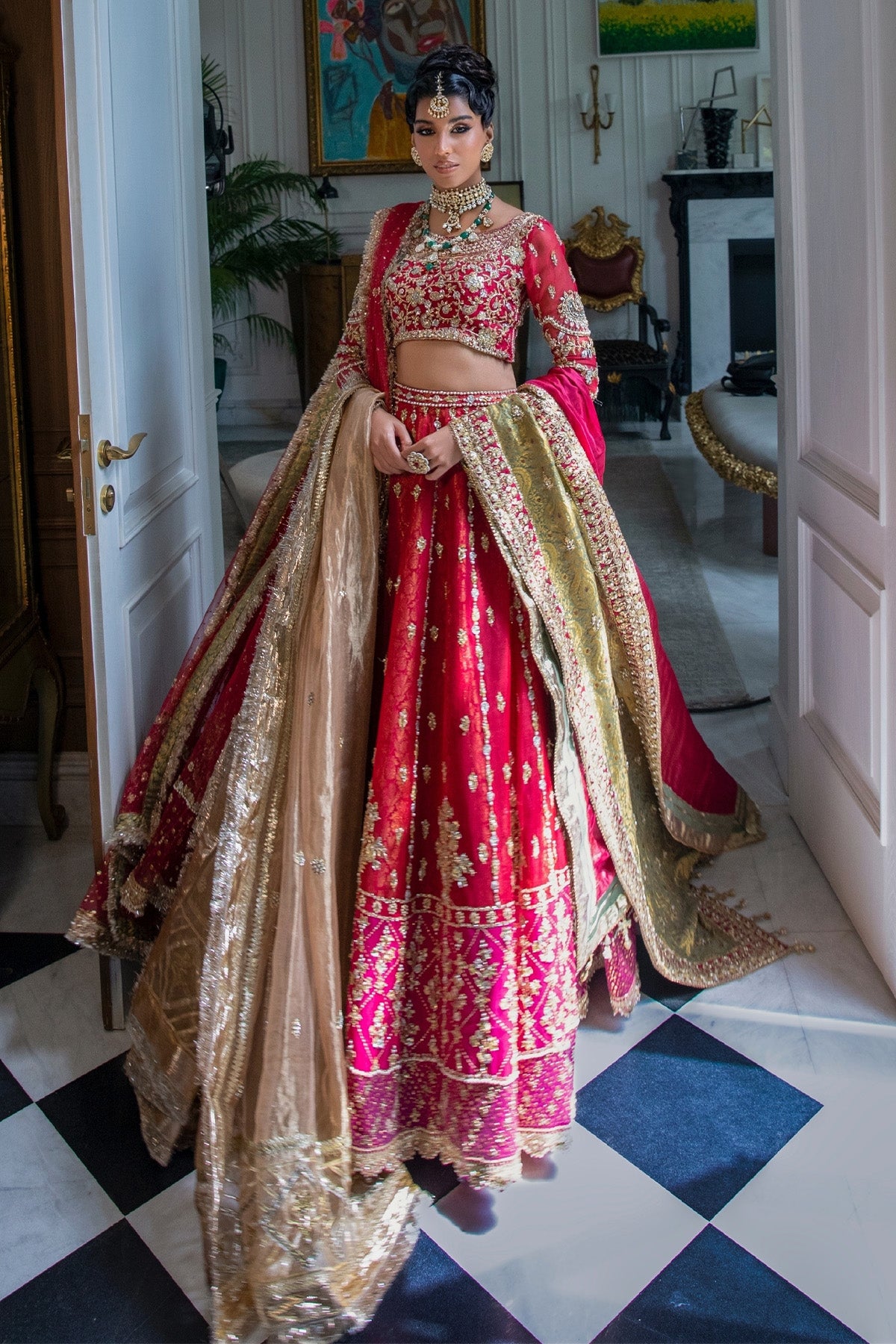 Pakistani Red Embroidered Organza Bridal Lehenga (3-Piece) - Image 1