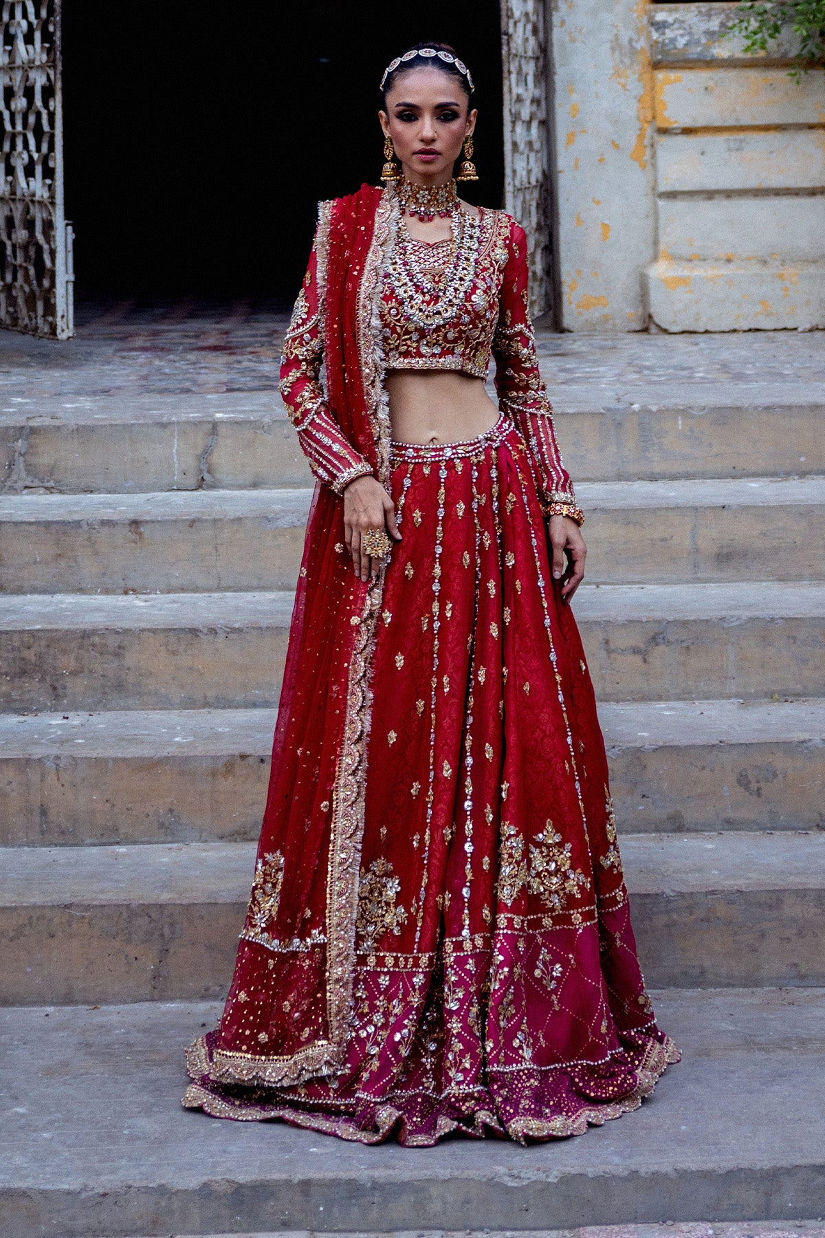 Pakistani Red Embroidered Organza Bridal Lehenga (3-Piece) - Image 2
