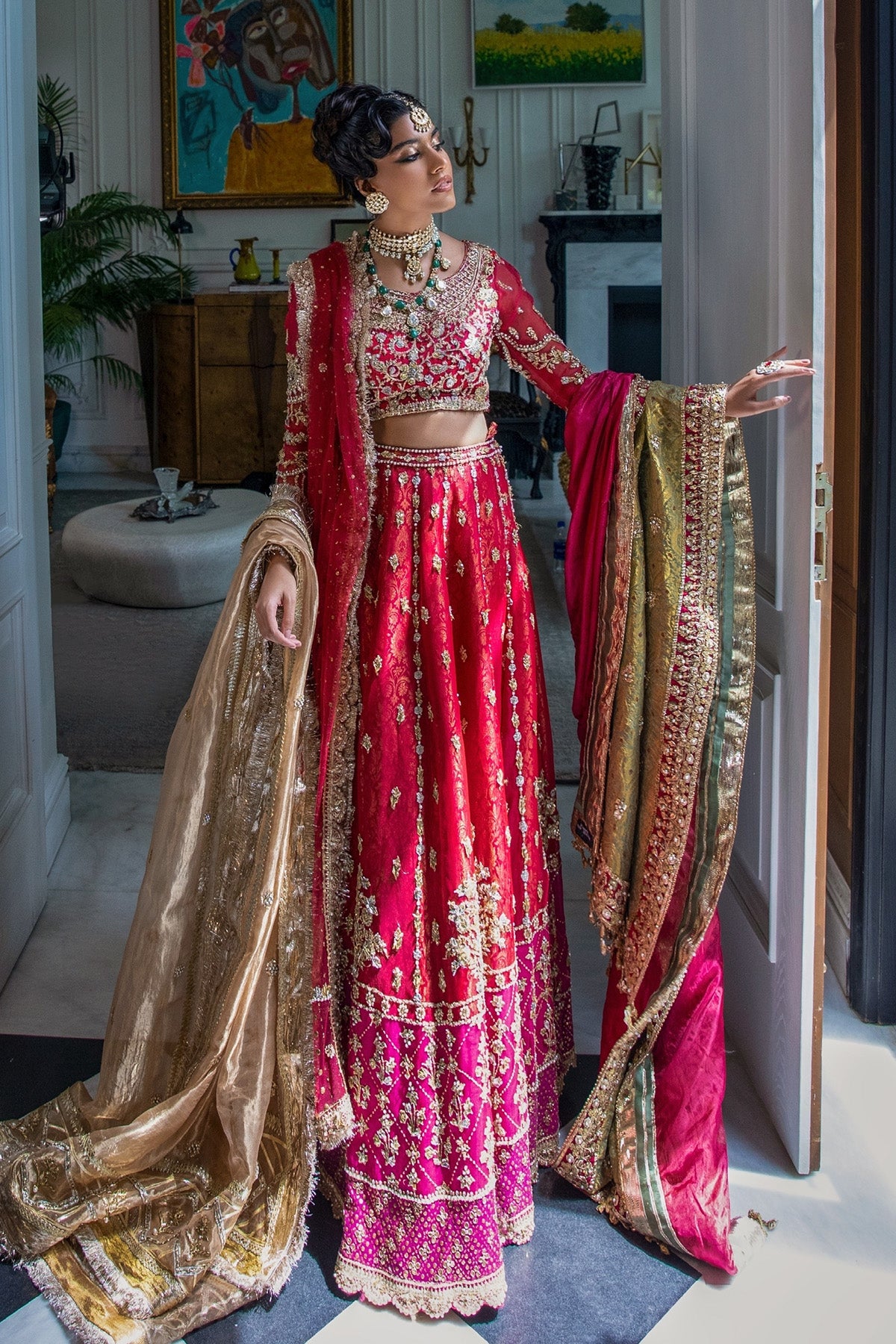 Pakistani Red Embroidered Organza Bridal Lehenga (3-Piece) - Image 6
