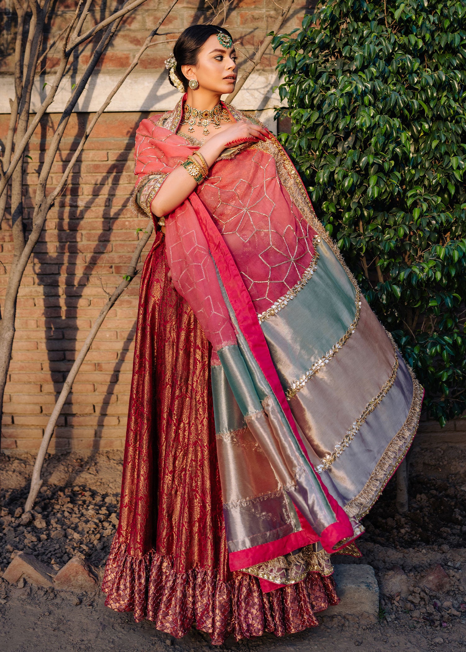 Pakistani Crimson Khamkhab Lehenga with Mint Organza Choli (3-Piece) - Image 1