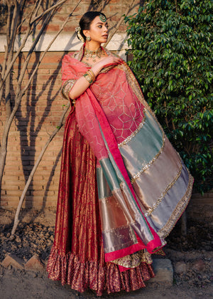Pakistani Crimson Khamkhab Lehenga with Mint Organza Choli (3-Piece) - Image 2
