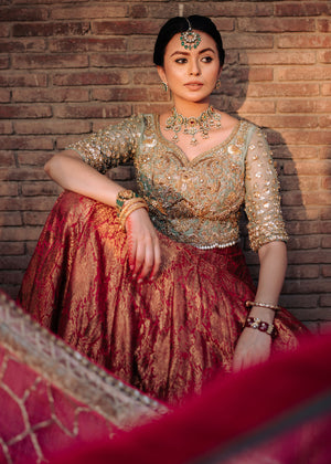 Pakistani Crimson Khamkhab Lehenga with Mint Organza Choli (3-Piece) - Image 3