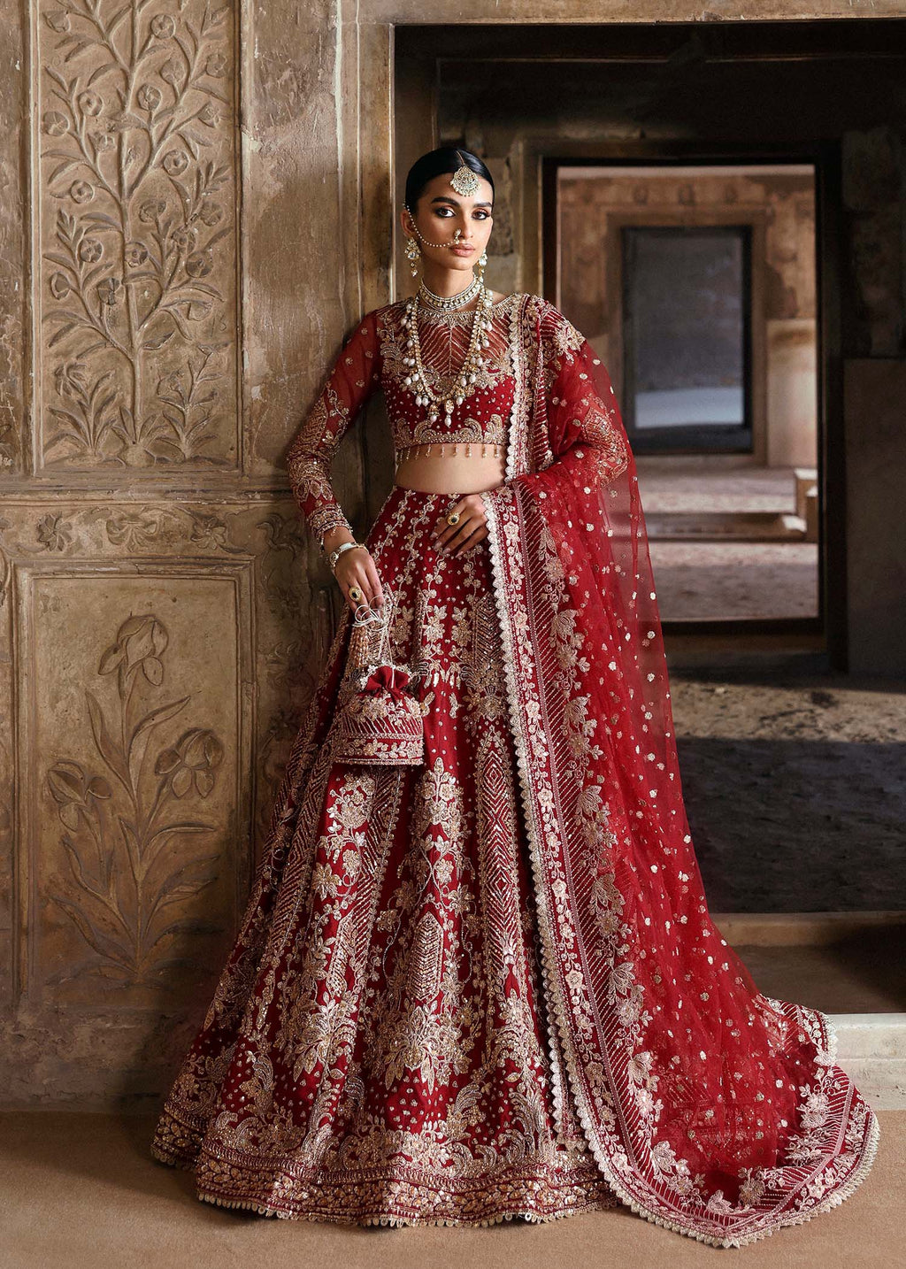 Deep Red Hand-Embellished Net & Organza Bridal Lehenga (3-Piece) - Image 1