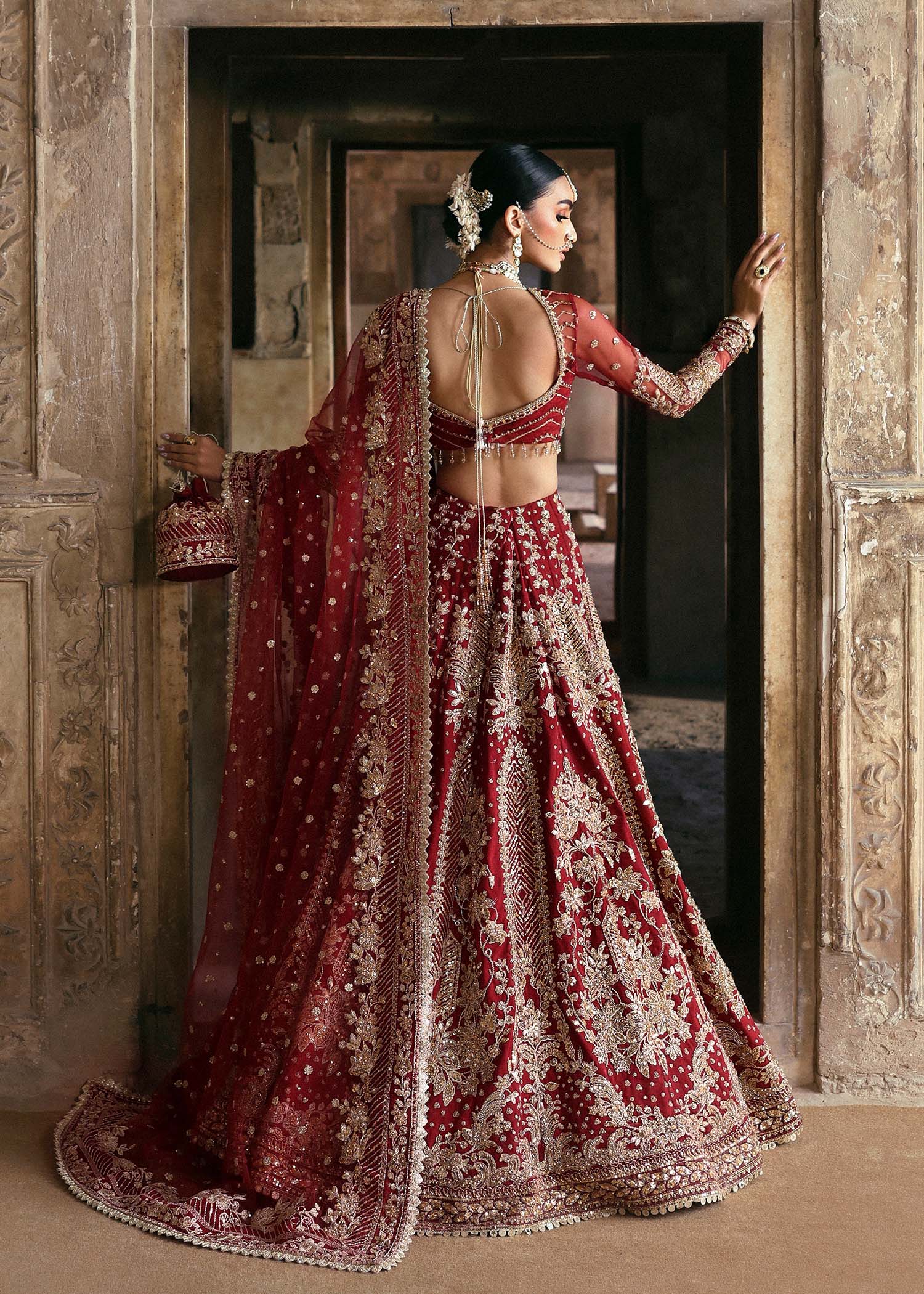 Deep Red Hand-Embellished Net & Organza Bridal Lehenga (3-Piece) - Image 3
