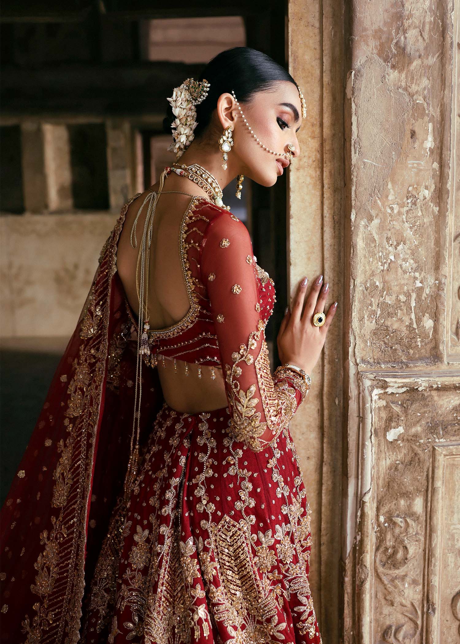 Deep Red Hand-Embellished Net & Organza Bridal Lehenga (3-Piece) - Image 4