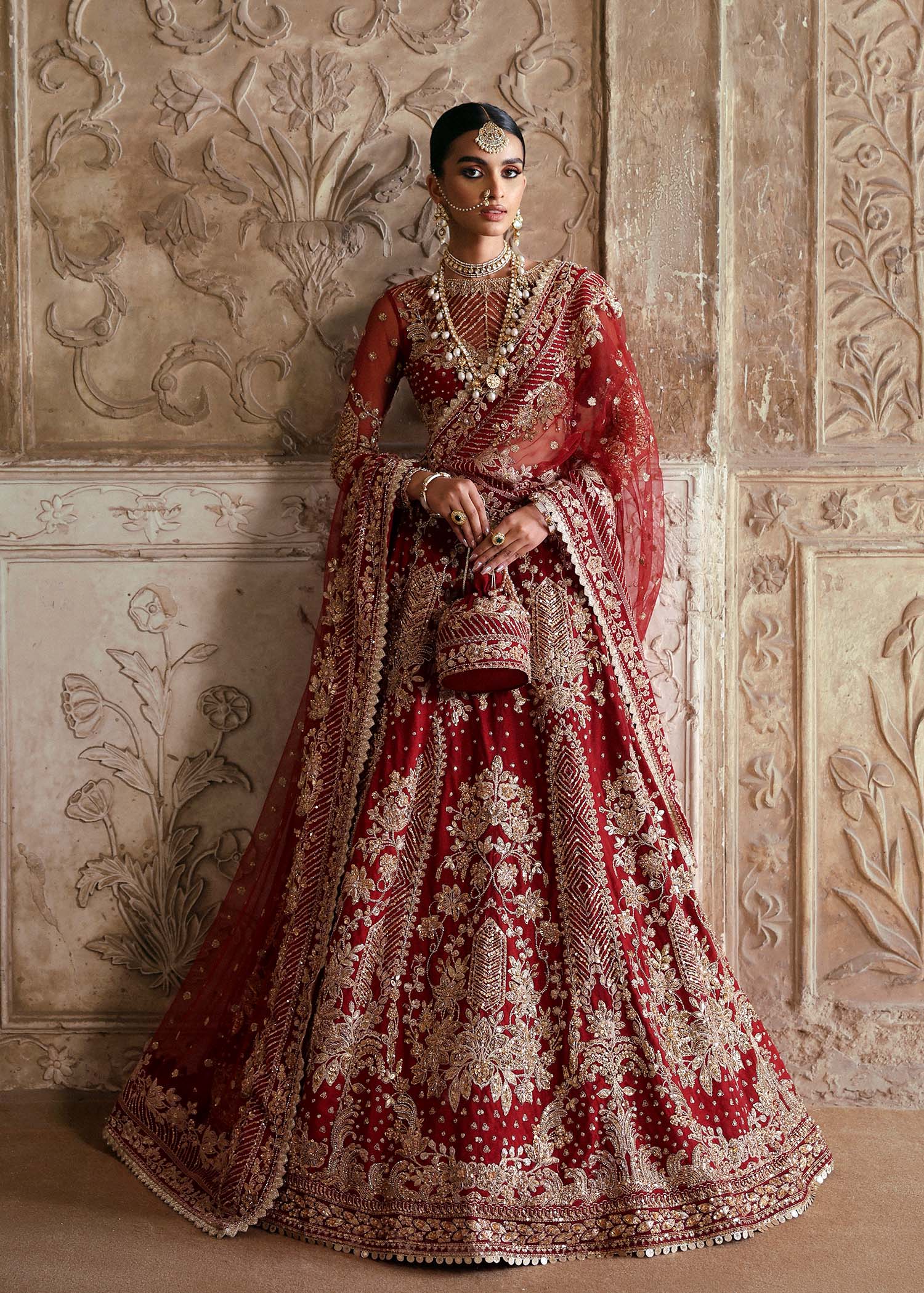 Deep Red Hand-Embellished Net & Organza Bridal Lehenga (3-Piece) - Image 5