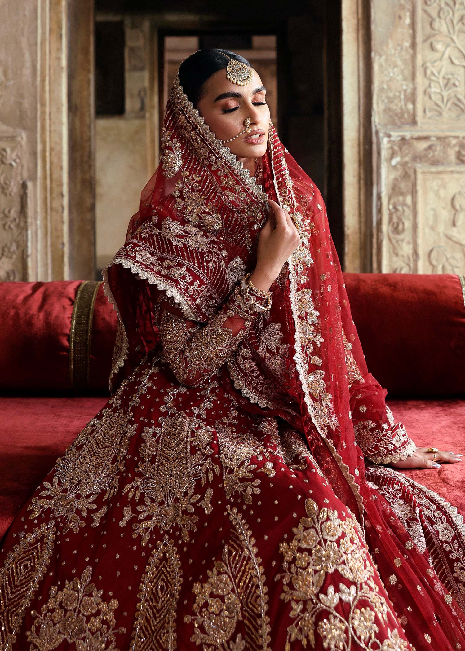 Deep Red Hand-Embellished Net & Organza Bridal Lehenga (3-Piece) - Image 7