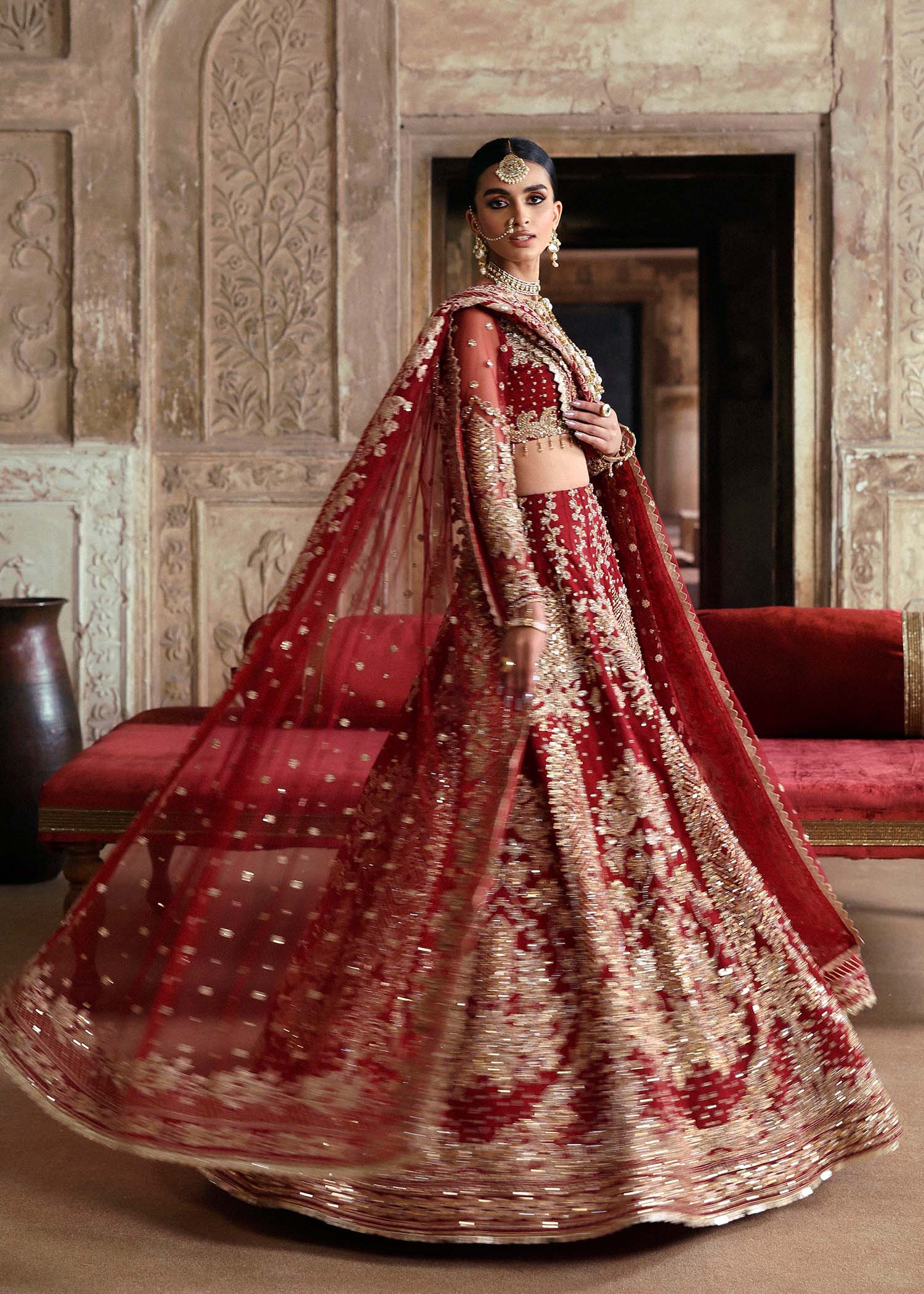 Deep Red Hand-Embellished Net & Organza Bridal Lehenga (3-Piece) - Image 8