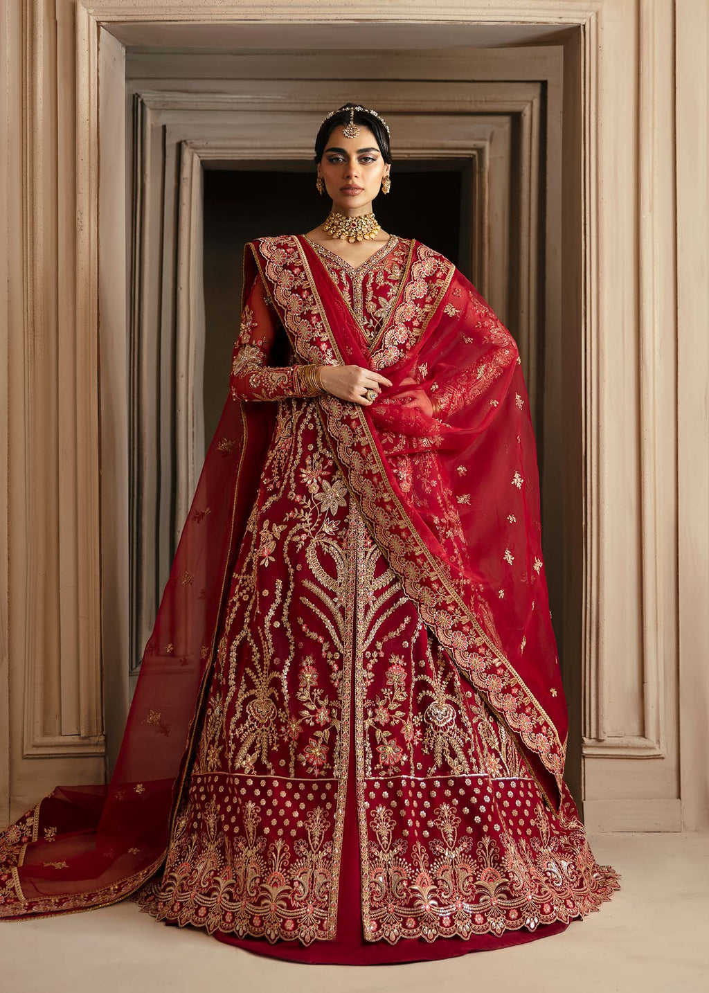 Deep Red Hand-Embellished Organza Bridal Lehenga (3-Piece) - Image 1