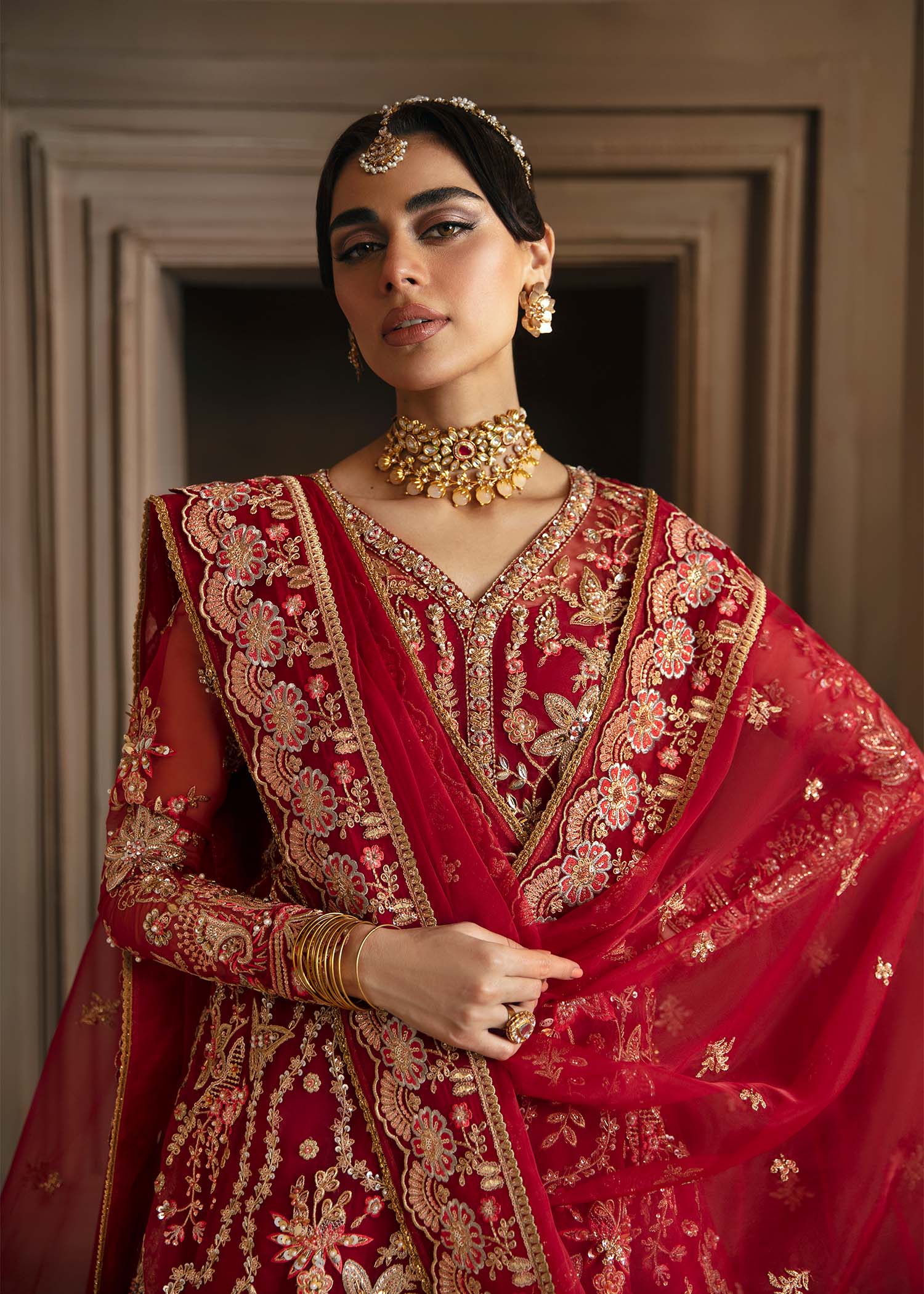 Deep Red Hand-Embellished Organza Bridal Lehenga (3-Piece) - Image 3