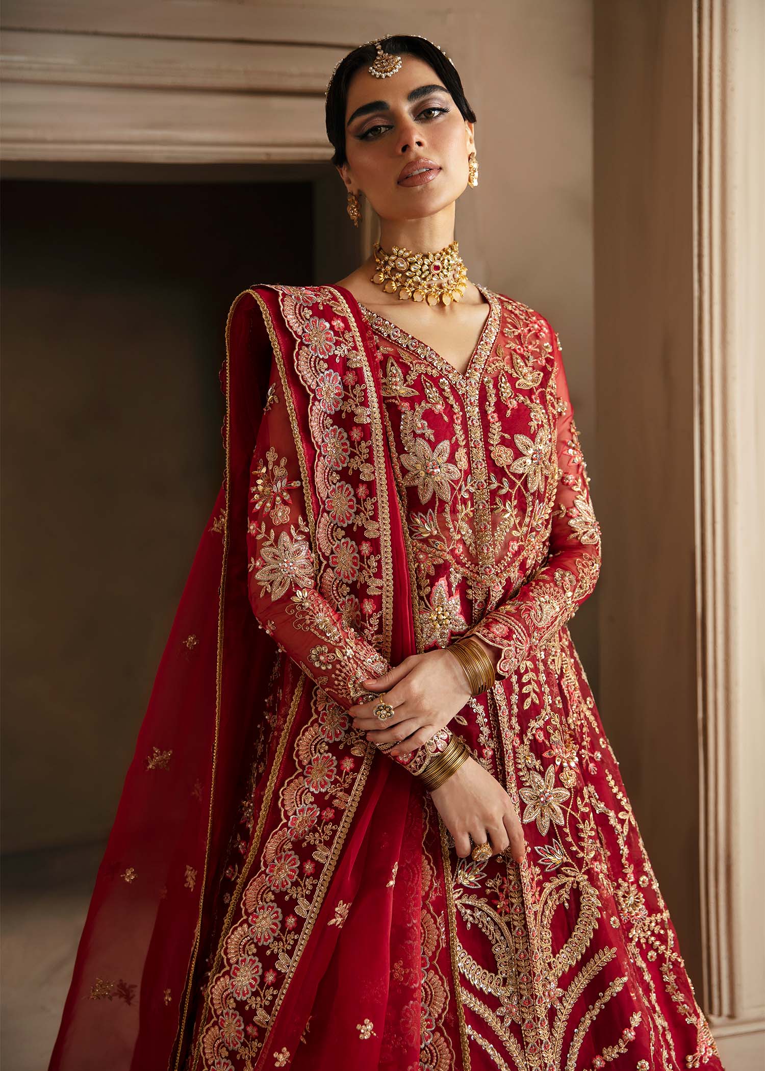 Deep Red Hand-Embellished Organza Bridal Lehenga (3-Piece) - Image 5
