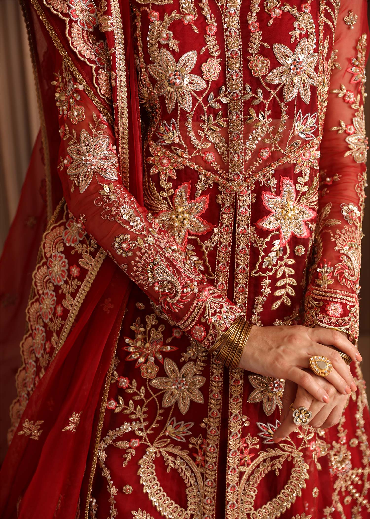 Deep Red Hand-Embellished Organza Bridal Lehenga (3-Piece) - Image 7