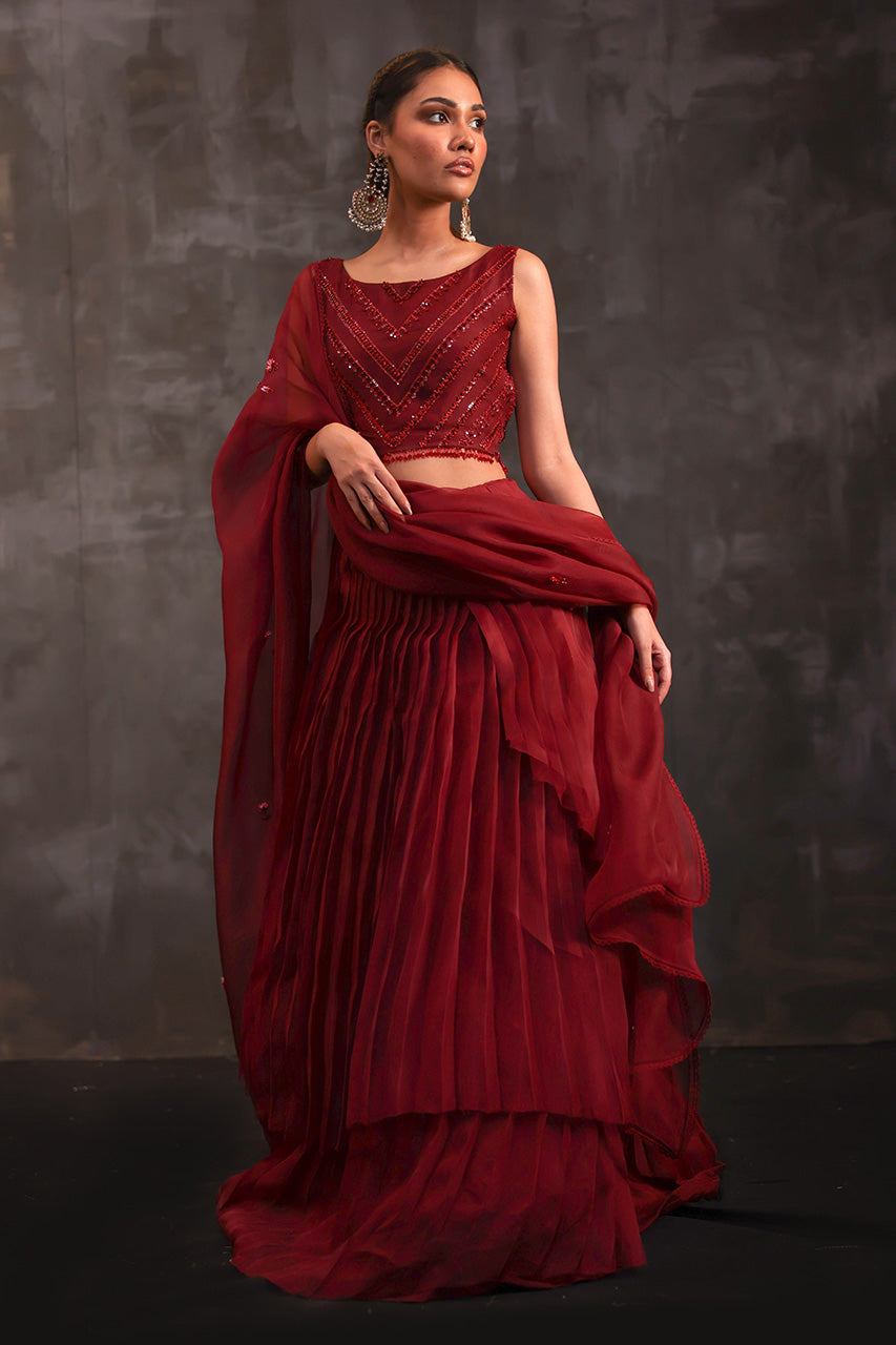 Pakistani Deep Red Beaded Organza Lehenga (3-Piece) - Image 10