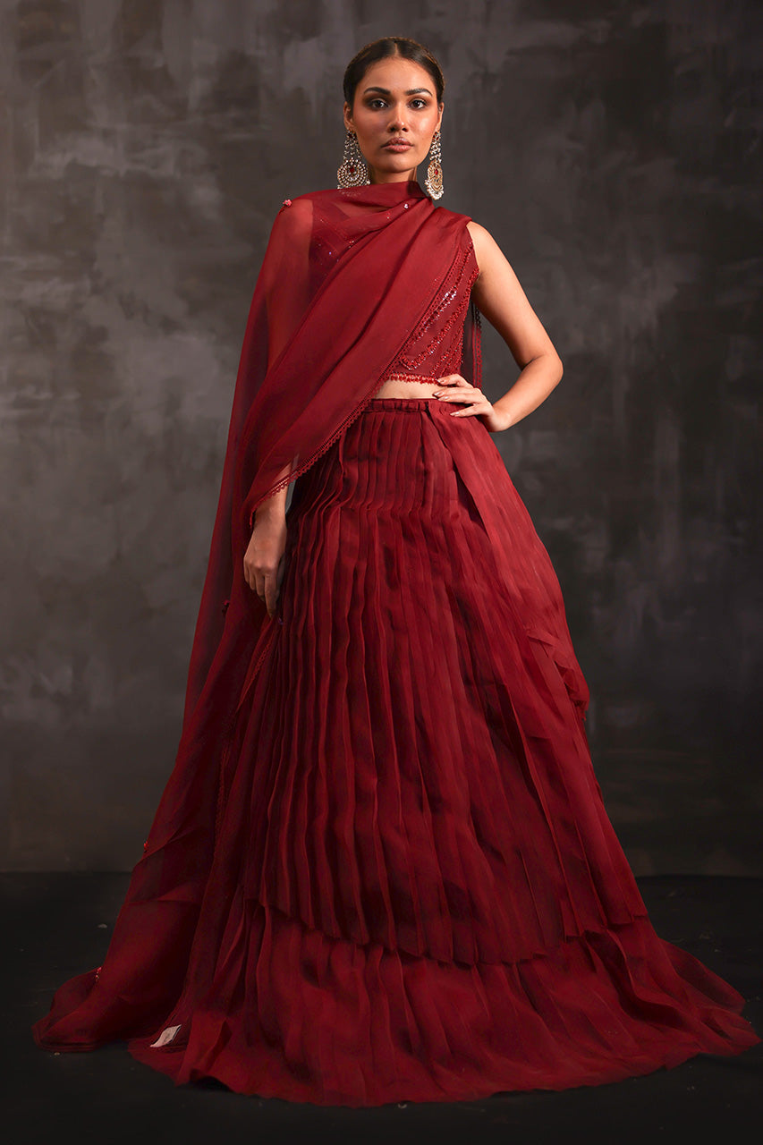 Pakistani Deep Red Beaded Organza Lehenga (3-Piece) - Image 11