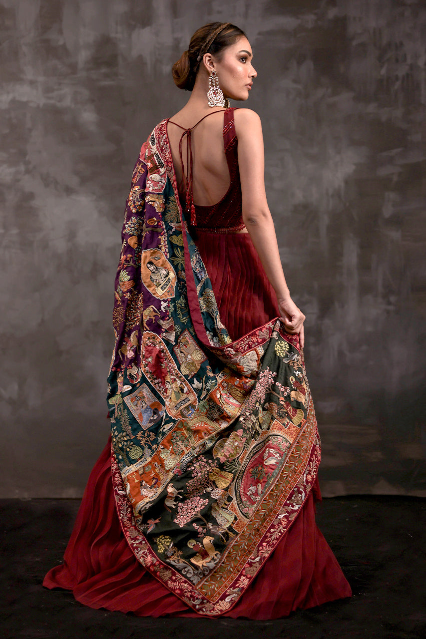 Pakistani Deep Red Beaded Organza Lehenga (3-Piece) - Image 2