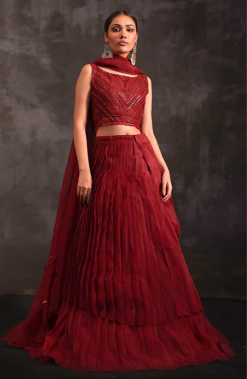 Pakistani Deep Red Beaded Organza Lehenga (3-Piece) - Image 3