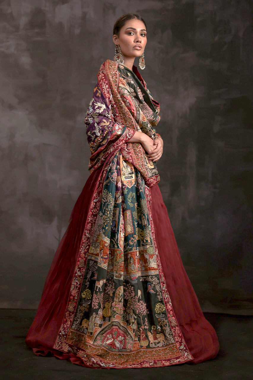 Pakistani Deep Red Beaded Organza Lehenga (3-Piece) - Image 8