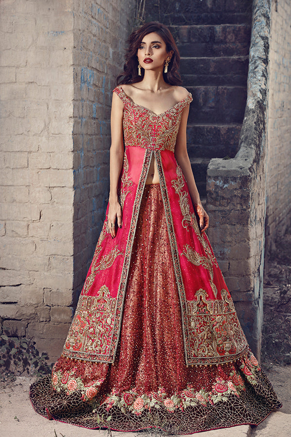 Crimson Embroidered Net Organza Lehenga (2-Piece) - Image 1