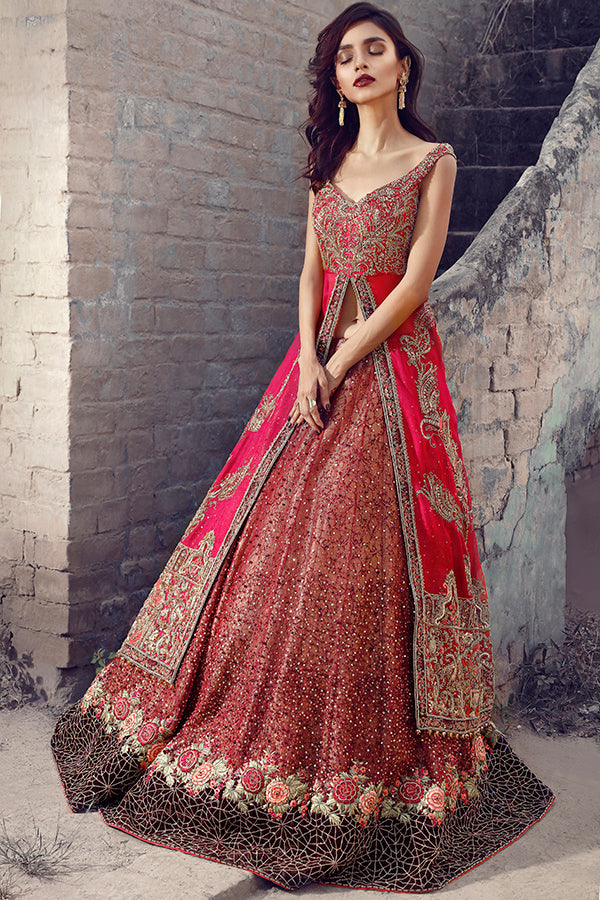 Crimson Embroidered Net Organza Lehenga (2-Piece) - Image 3