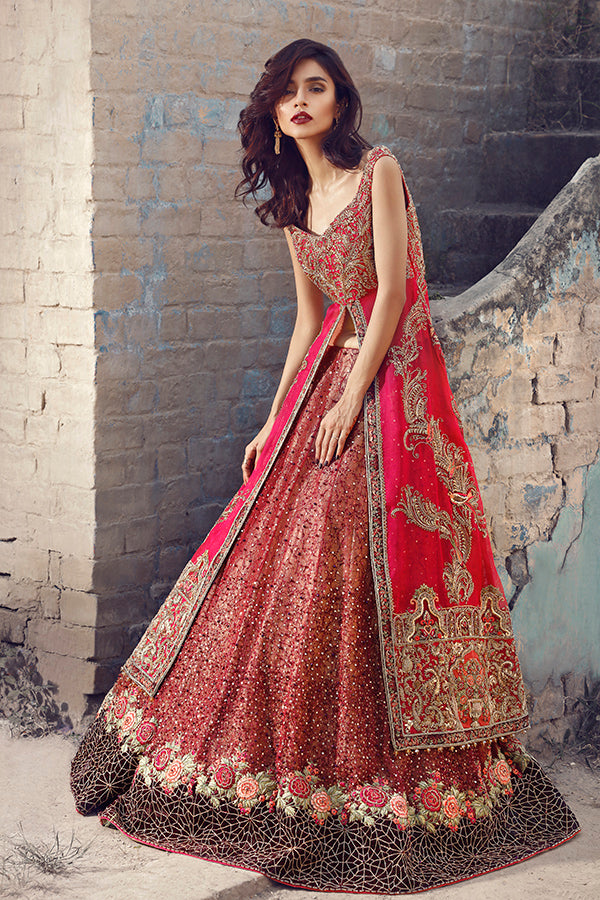 Crimson Embroidered Net Organza Lehenga (2-Piece) - Image 4