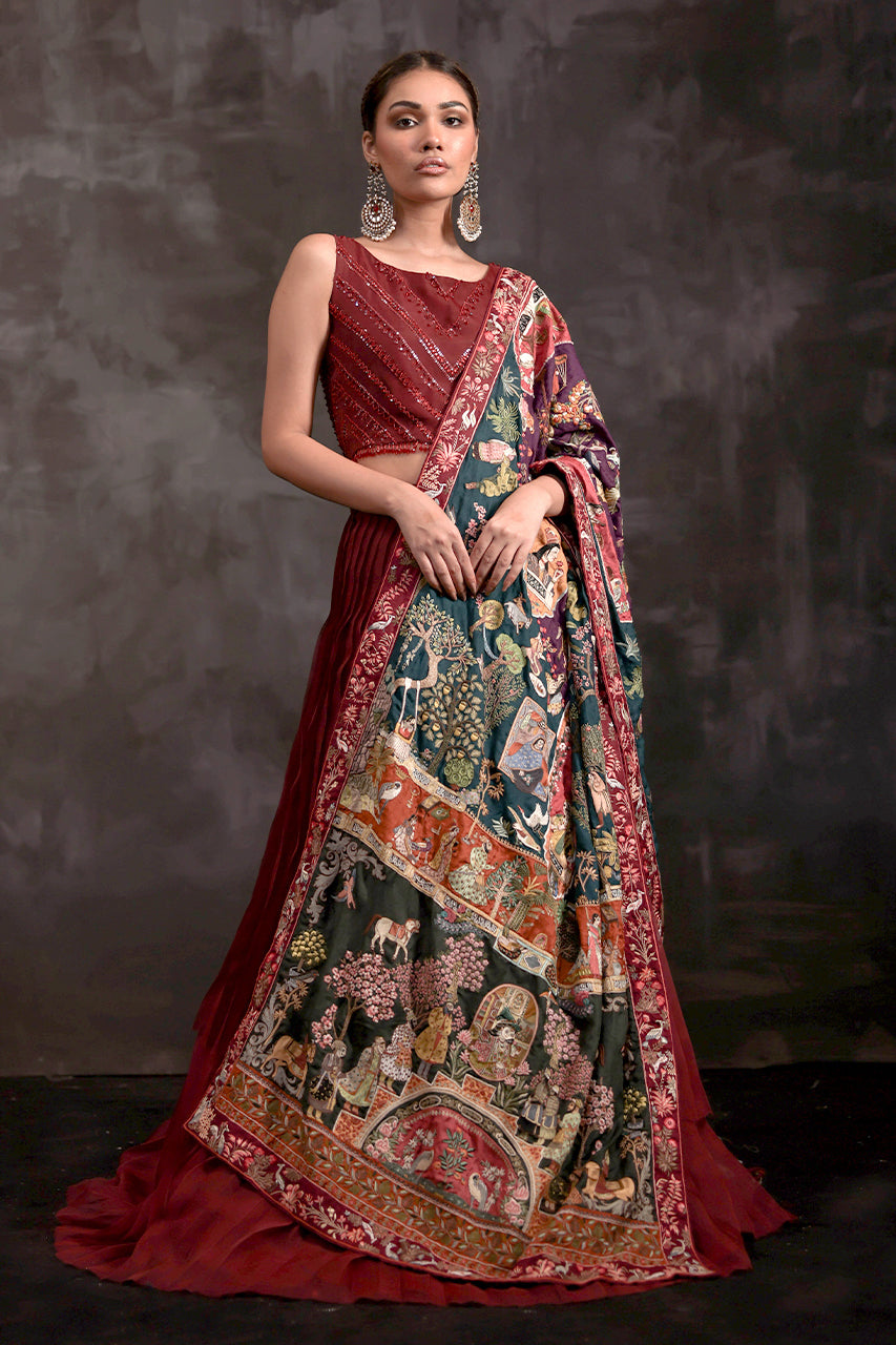 Deep Red Beaded Organza Lehenga with Jamawar Silk Chaddar (3-Piece) - Image 1