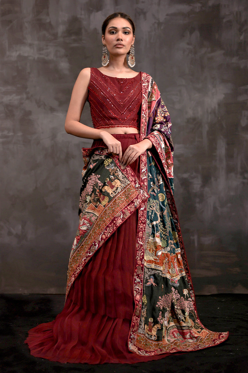 Deep Red Beaded Organza Lehenga with Jamawar Silk Chaddar (3-Piece) - Image 4