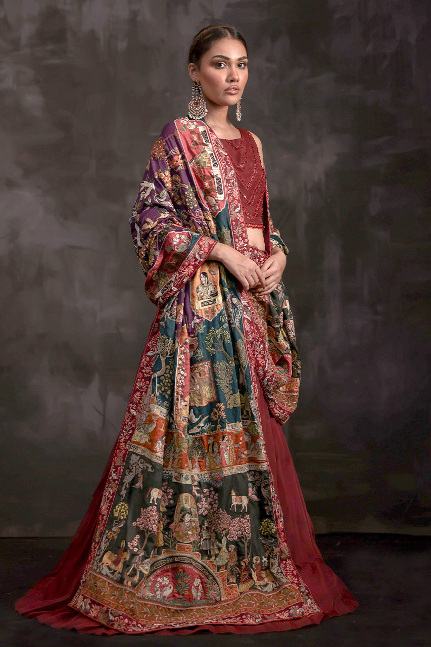Deep Red Beaded Organza Lehenga with Jamawar Silk Chaddar (3-Piece) - Image 5