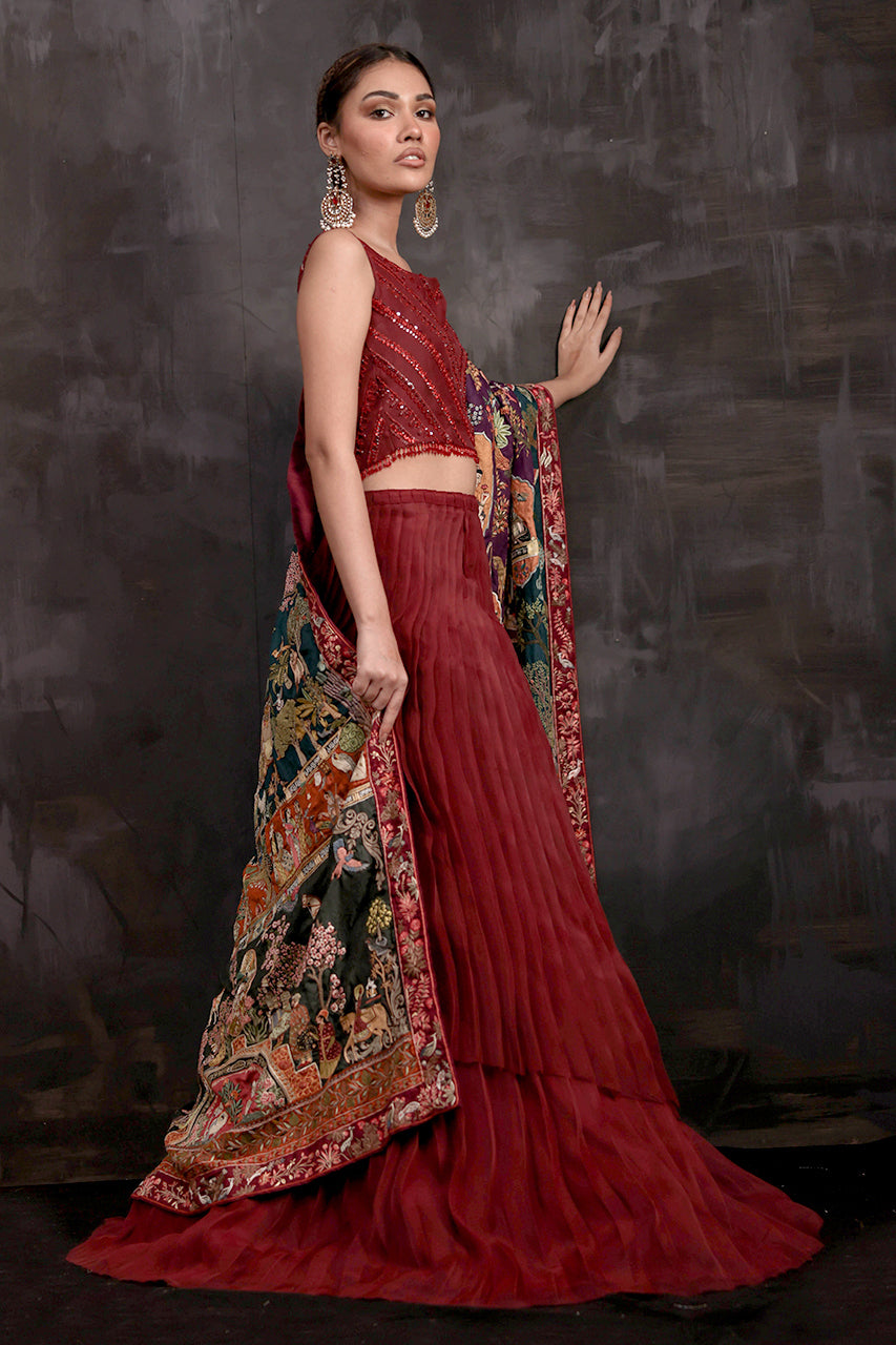 Deep Red Beaded Organza Lehenga with Jamawar Silk Chaddar (3-Piece) - Image 6