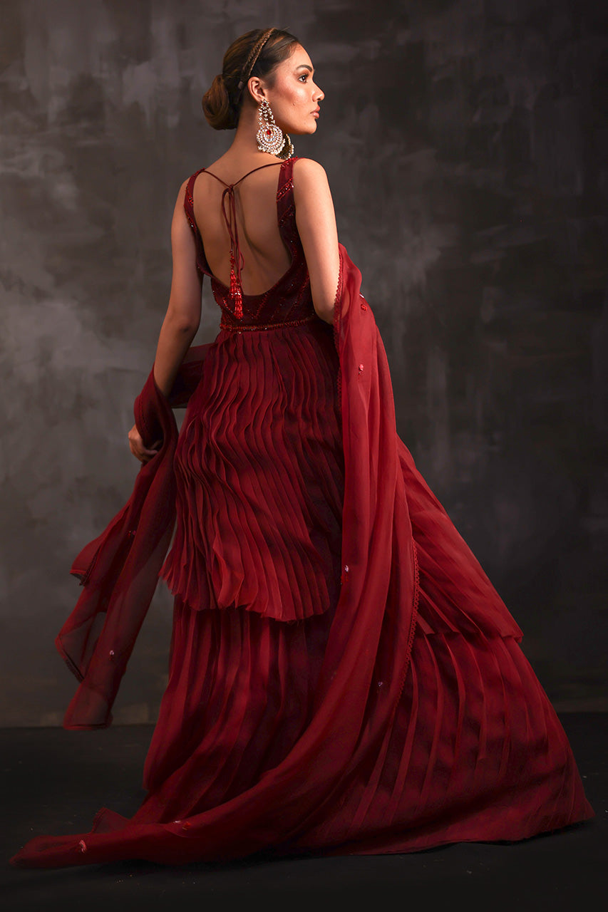 Deep Red Beaded Organza Lehenga with Jamawar Silk Chaddar (3-Piece) - Image 9