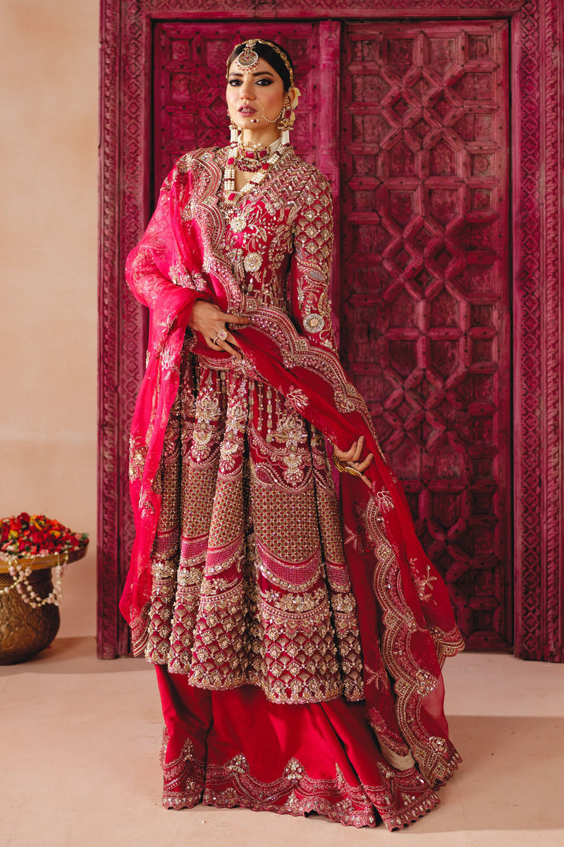 Red Embroidered Organza Peshwas with Silk Lehenga (3-Piece) - Image 1