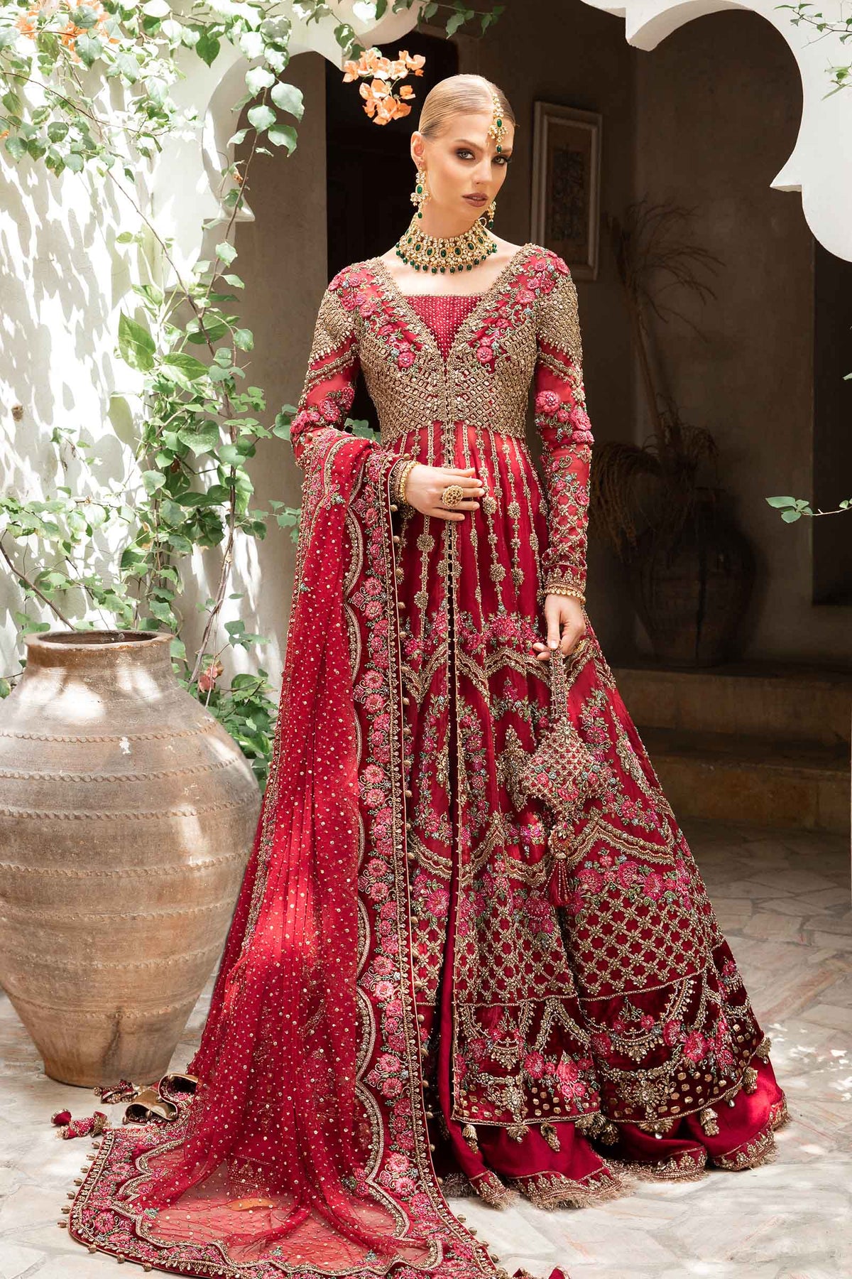 Ruby Red Embellished Organza & Jamawar Bridal Lehenga (4-Piece) - Image 1